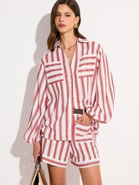 Commense Red and White Striped Relaxed Button-Up Shirt And Shorts SET